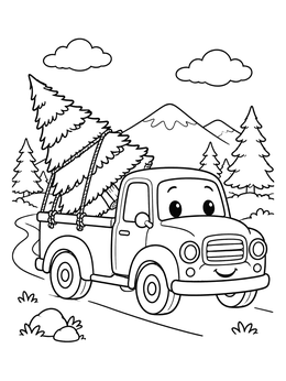 Free printable Cute Pickup Truck Hauling Christmas Tree coloring page