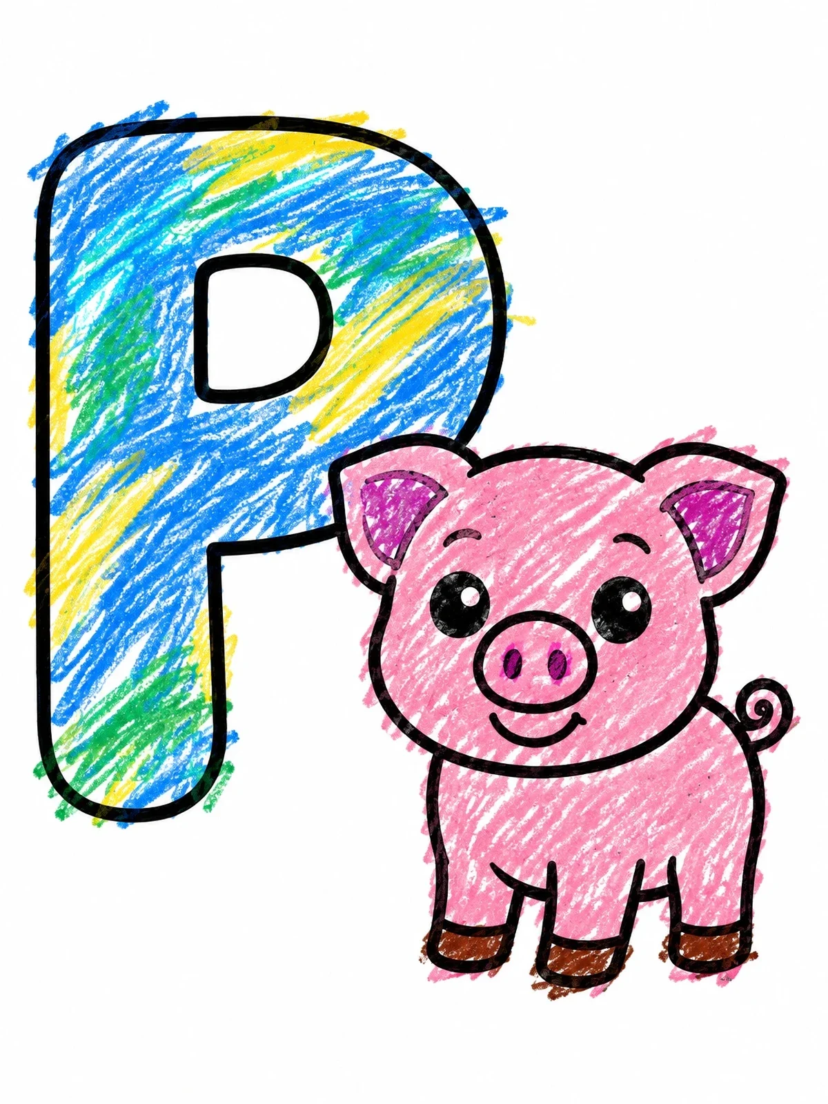 Colored example of the Cute Pig And Letter P coloring page
