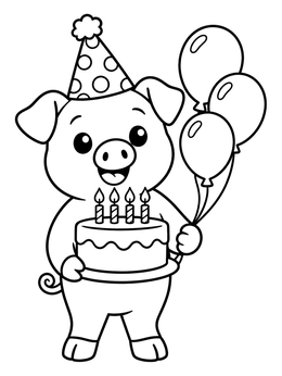 A cheerful pig coloring page featuring a party hat, birthday cake, and balloons.