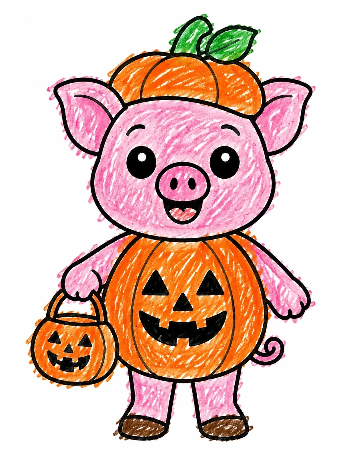 Colored example of the Cute Pig In Halloween Pumpkin Costume coloring page