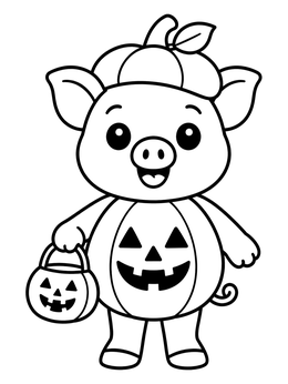 A happy pig coloring page showing a piglet in a pumpkin suit holding a candy bucket.
