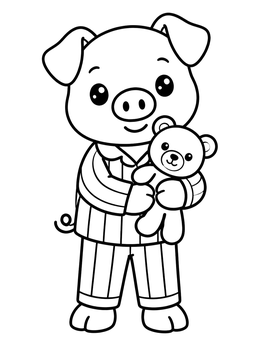A sweet pig coloring page featuring a piglet in striped pajamas hugging a teddy bear.