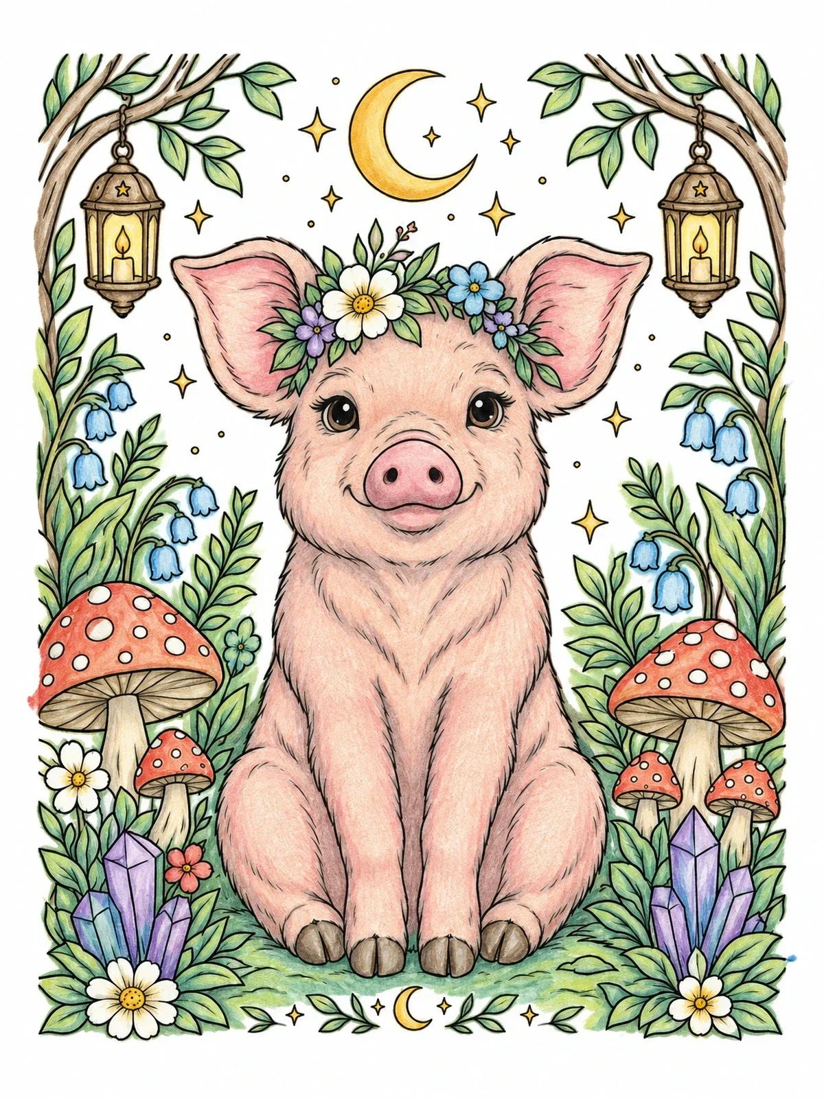 Colored example of the Cute Pig In A Magical Garden coloring page