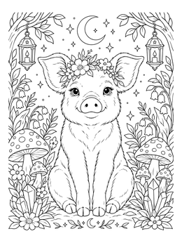 An adorable pig coloring page featuring a crowned piglet surrounded by mushrooms, crystals, and lanterns.