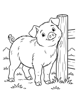 A cheerful pig coloring page showing the animal scratching its side on a wooden post.