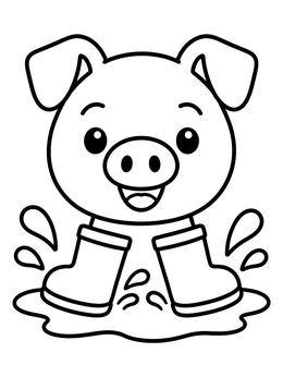A happy pig coloring page showing boots splashing in a mud puddle.