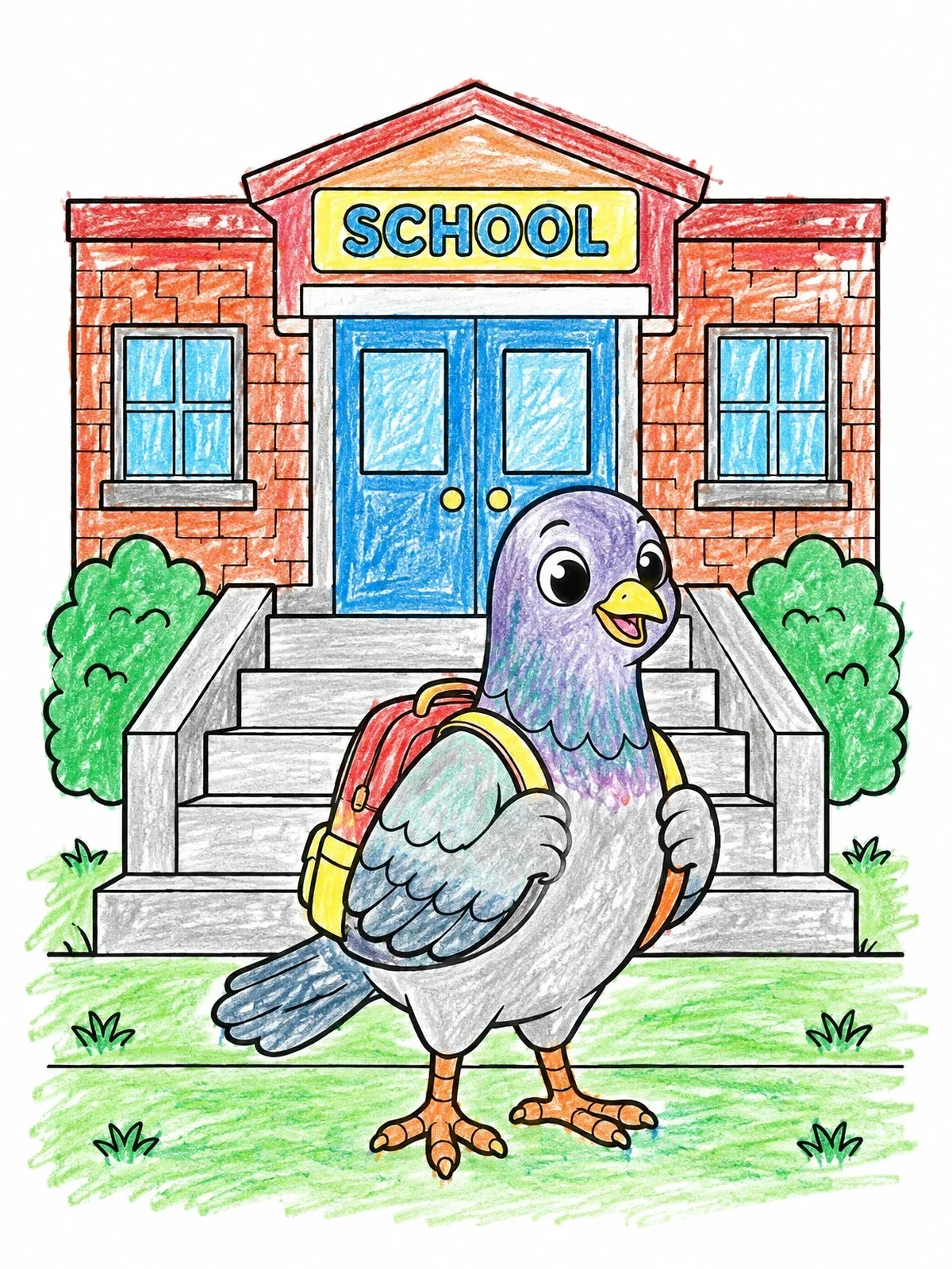 Colored example of the Cute Pigeon Going To School coloring page