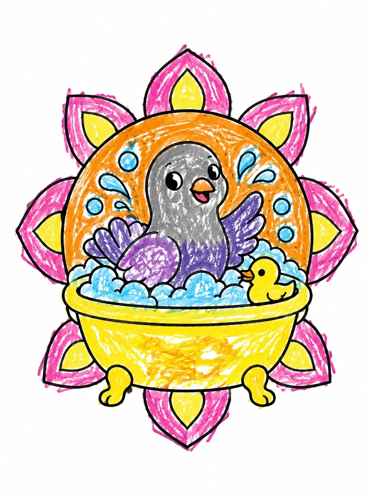 Colored example of the Cute Pigeon In A Bubble Bath coloring page