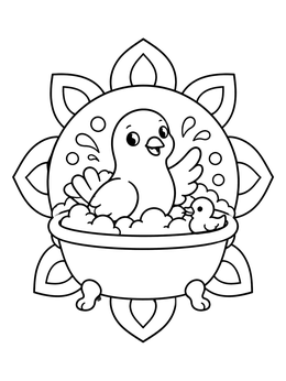 A cheerful pigeon coloring page featuring a bird splashing in a bathtub with bubbles and a rubber duck.