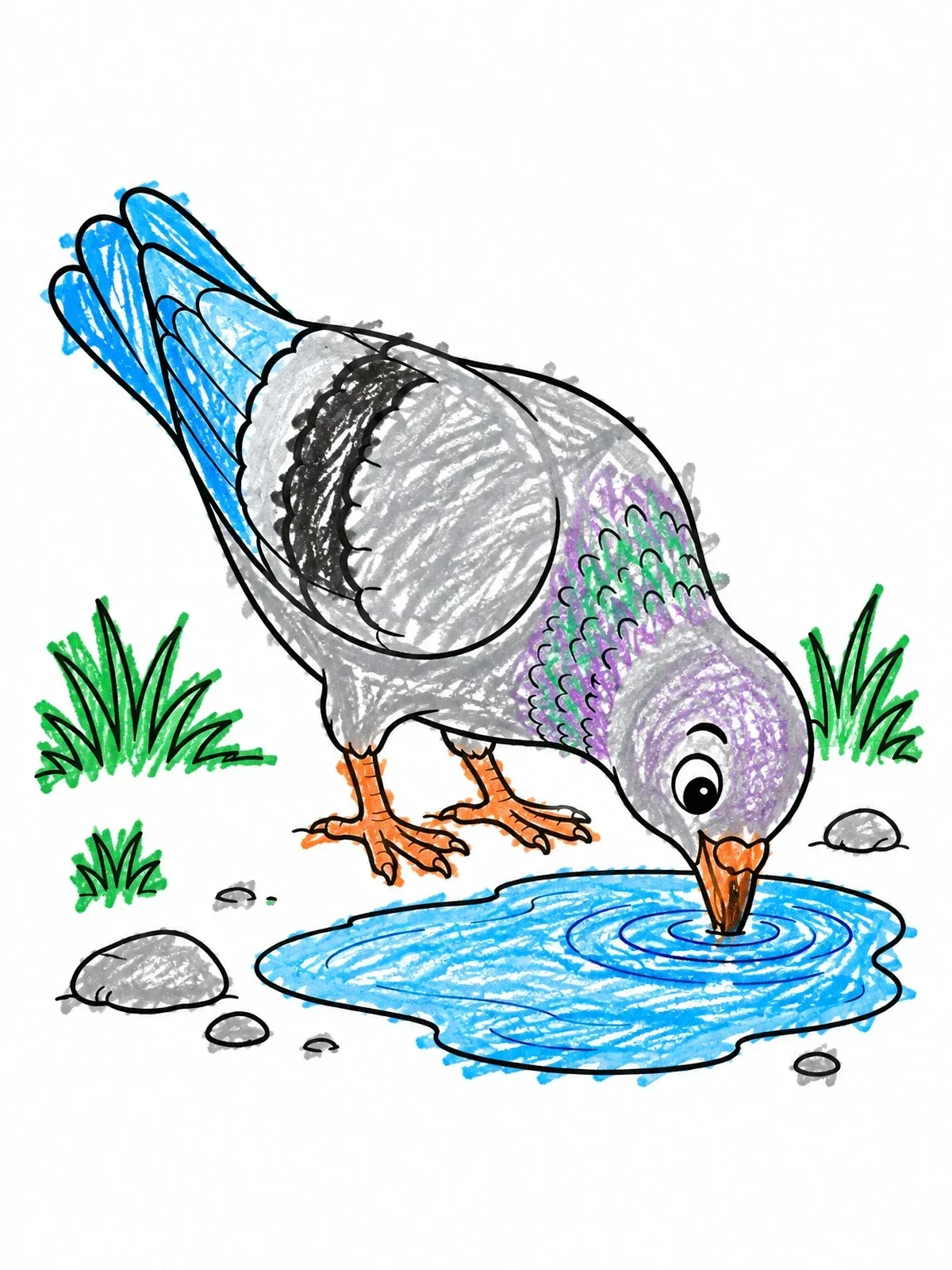 Colored example of the Cute Pigeon Drinking From Puddle coloring page