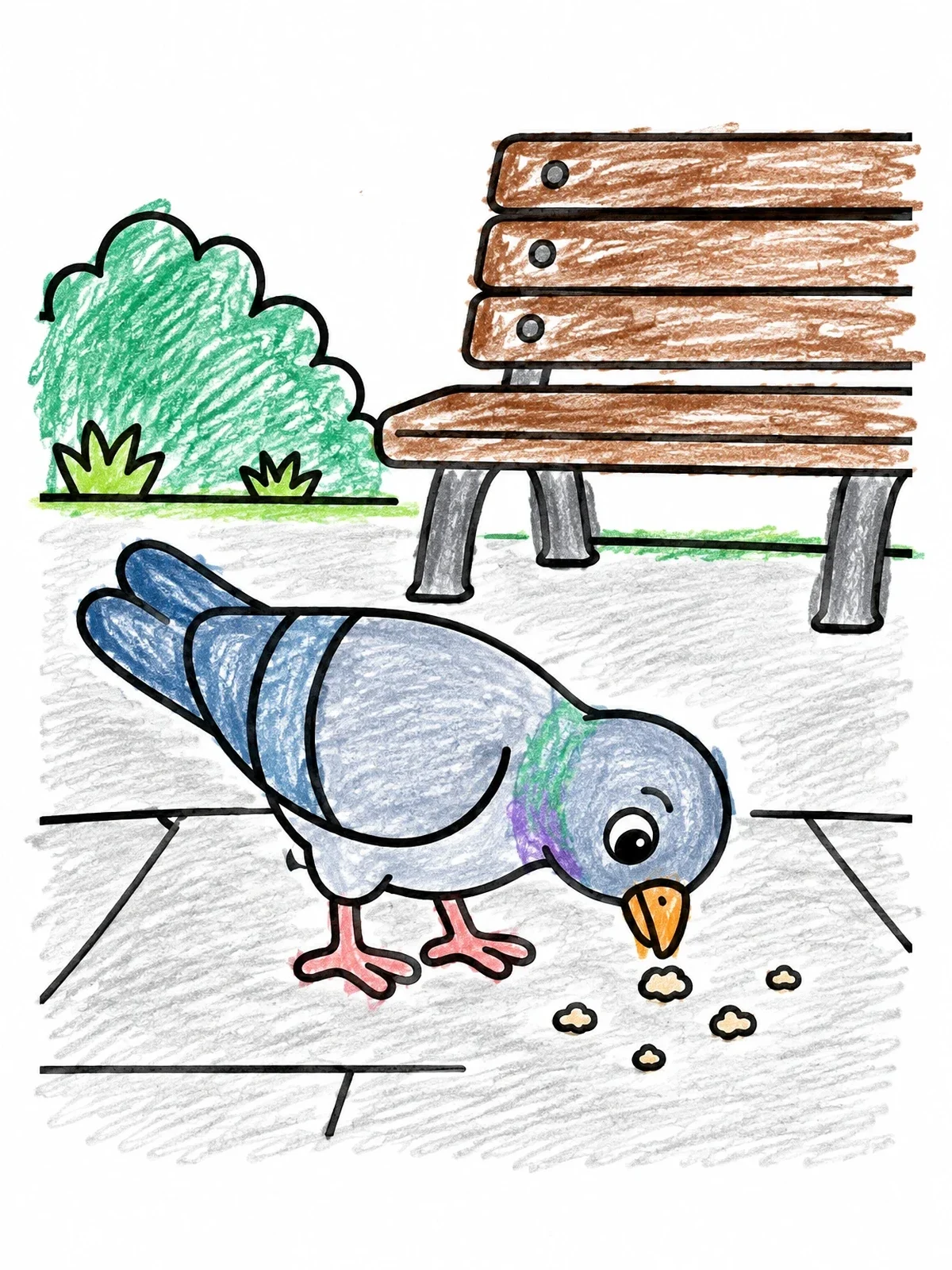 Colored example of the Cute Pigeon Pecking Breadcrumbs By Bench coloring page