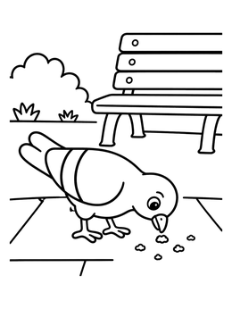 Free printable Cute Pigeon Pecking Breadcrumbs By Bench coloring page