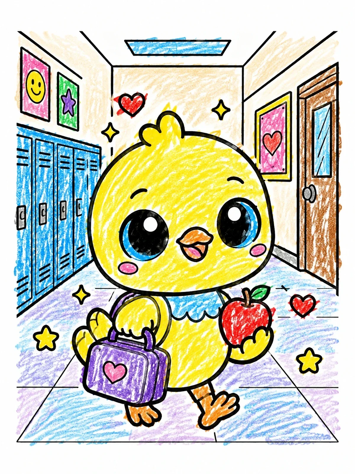 Colored example of the Cute Little Bird At School coloring page