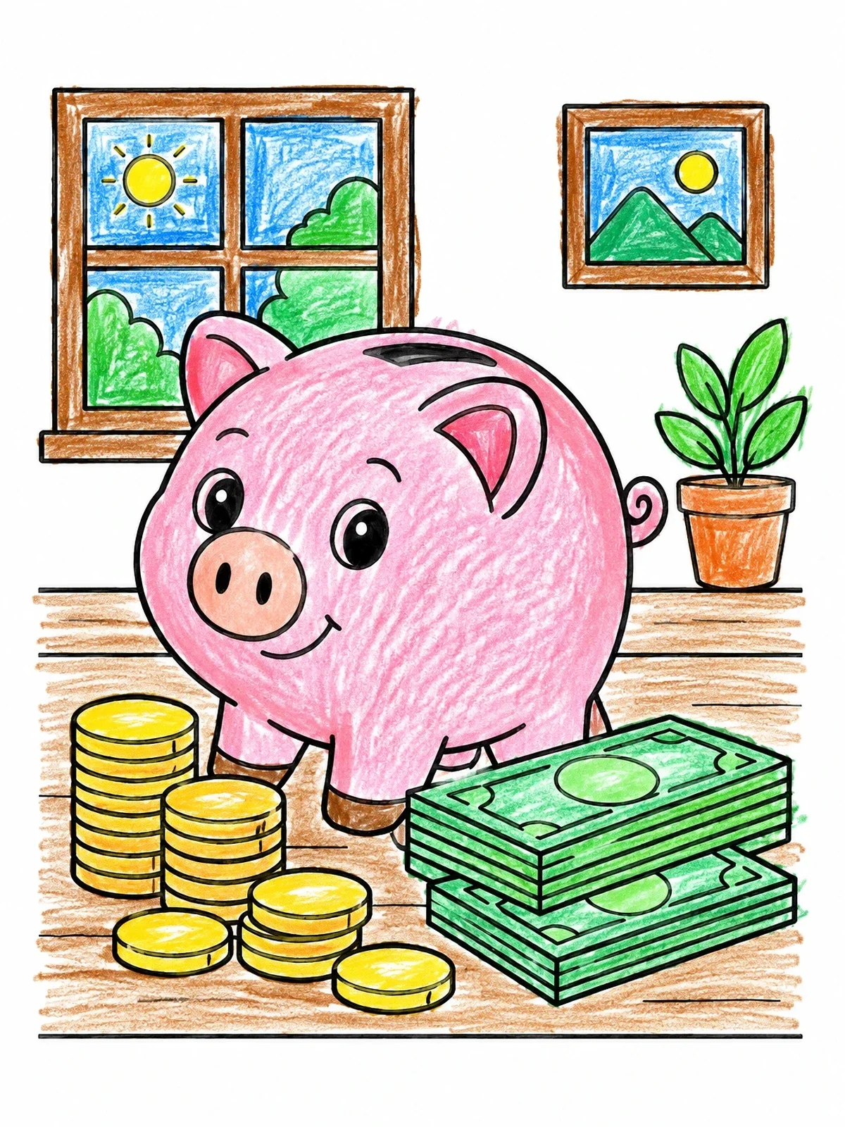 Colored example of the Cute Piggy Bank With Money coloring page