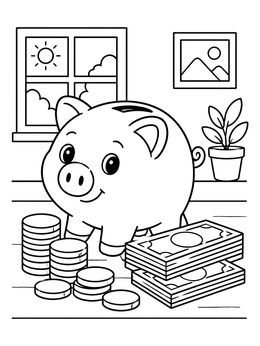 Free printable Cute Piggy Bank With Money coloring page