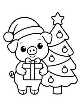 Free printable Cute Piglet By Christmas Tree coloring page