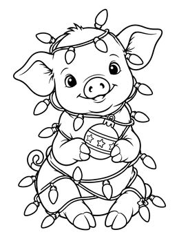 A cheerful christmas pig coloring page showing a baby piglet tangled in holiday lights with a bauble.
