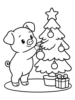 Free printable Cute Piglet Decorating Christmas Tree coloring page