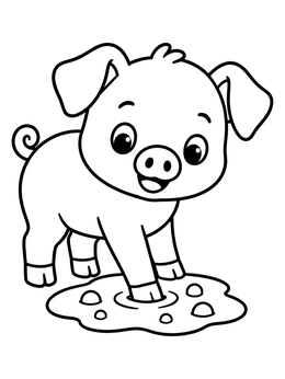 A cute pig coloring page with a happy piglet stepping into a mud puddle.