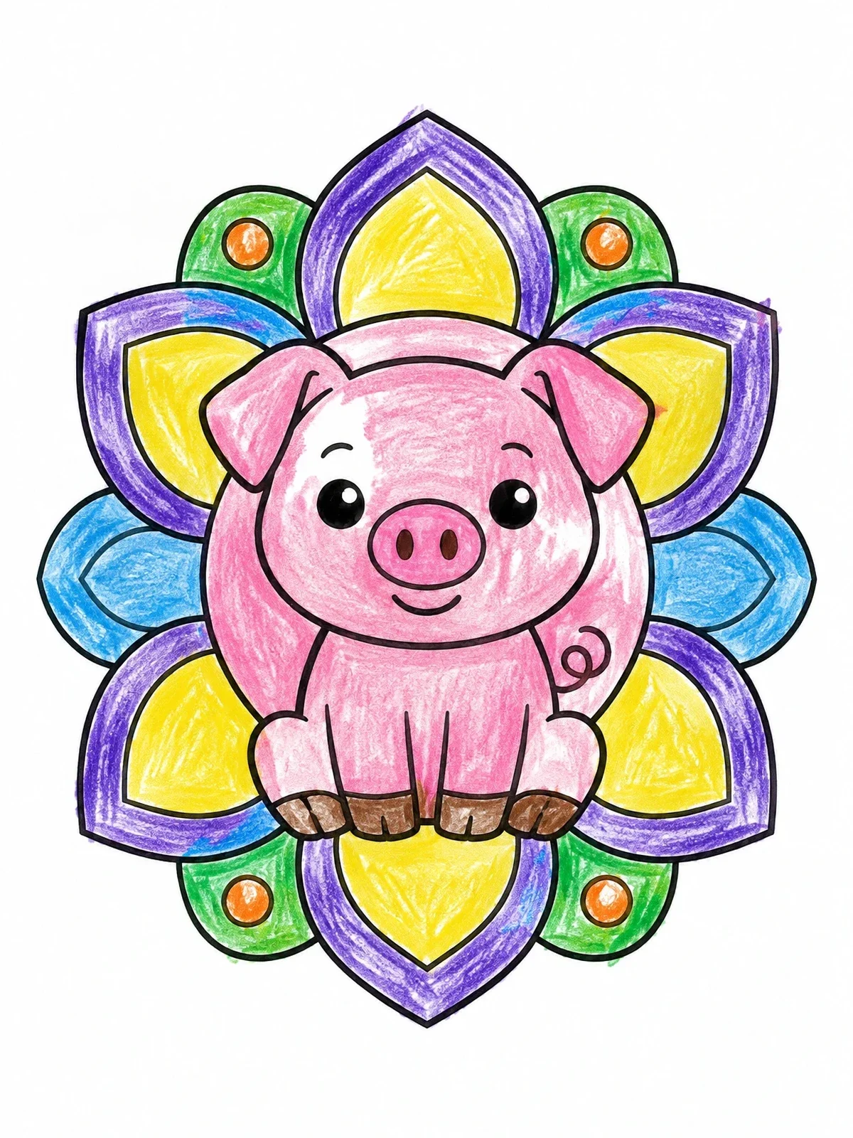 Colored example of the Cute Piglet Flower Mandala coloring page