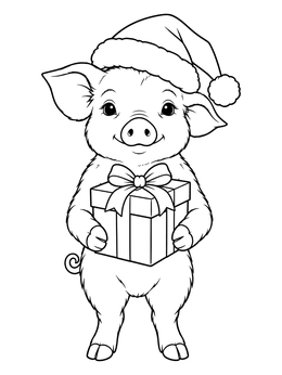 A cheerful christmas pig coloring page showing an adorable piglet in a Santa hat holding a gift box.