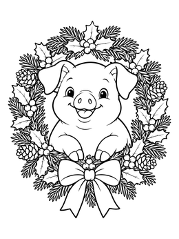 A cheerful christmas pig coloring page featuring a smiling piglet inside a festive wreath.