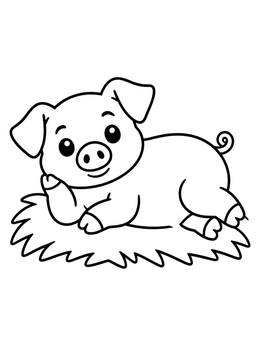 A cute pig coloring page showing a happy little piglet resting comfortably on a patch of hay.