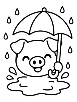 A cheerful little pig holding an umbrella in this pig coloring page.
