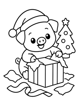 Free printable Cute Piglet Unwrapping Christmas Present coloring page