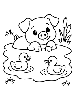 A friendly pig coloring page showing a piglet watching two ducks swim in a small pond.