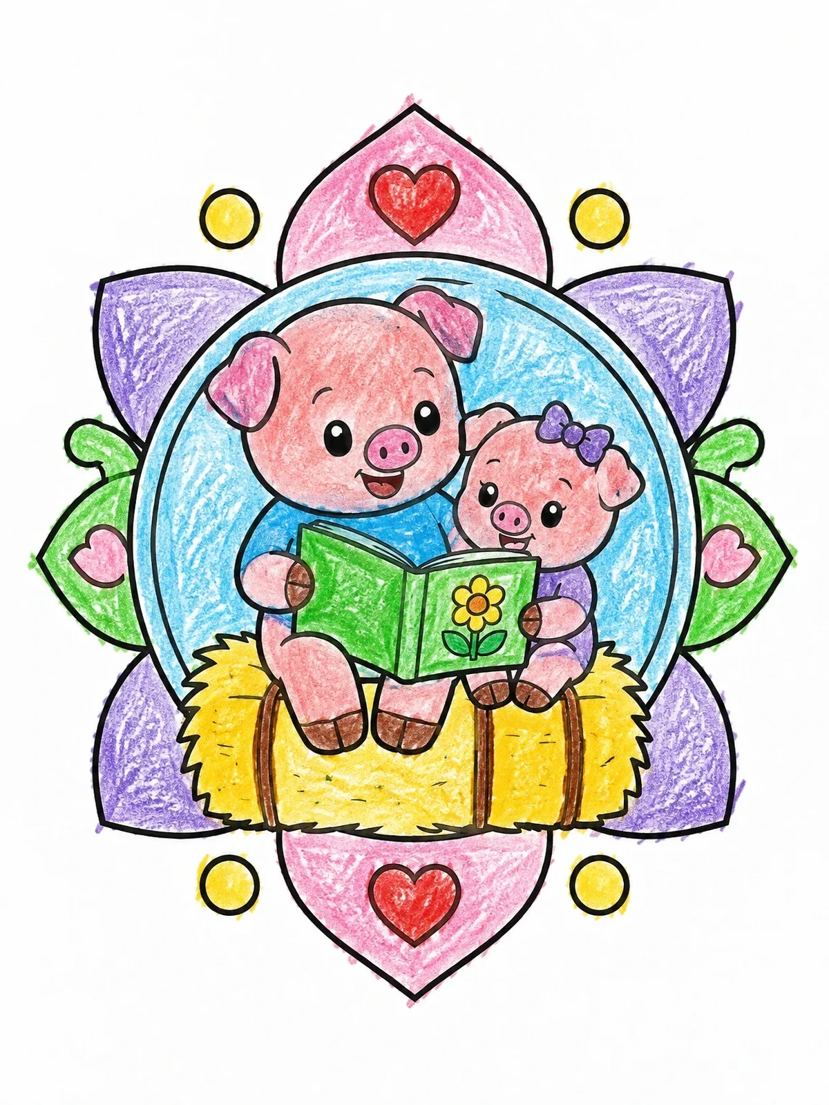 Colored example of the Cute Pigs Reading On A Hay Bale coloring page
