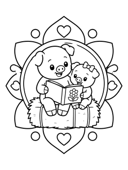 Two sweet piglets read a storybook together on this pig coloring page.