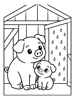 A sweet pig coloring page featuring a mother pig and piglet sheltering from the rain inside a barn.