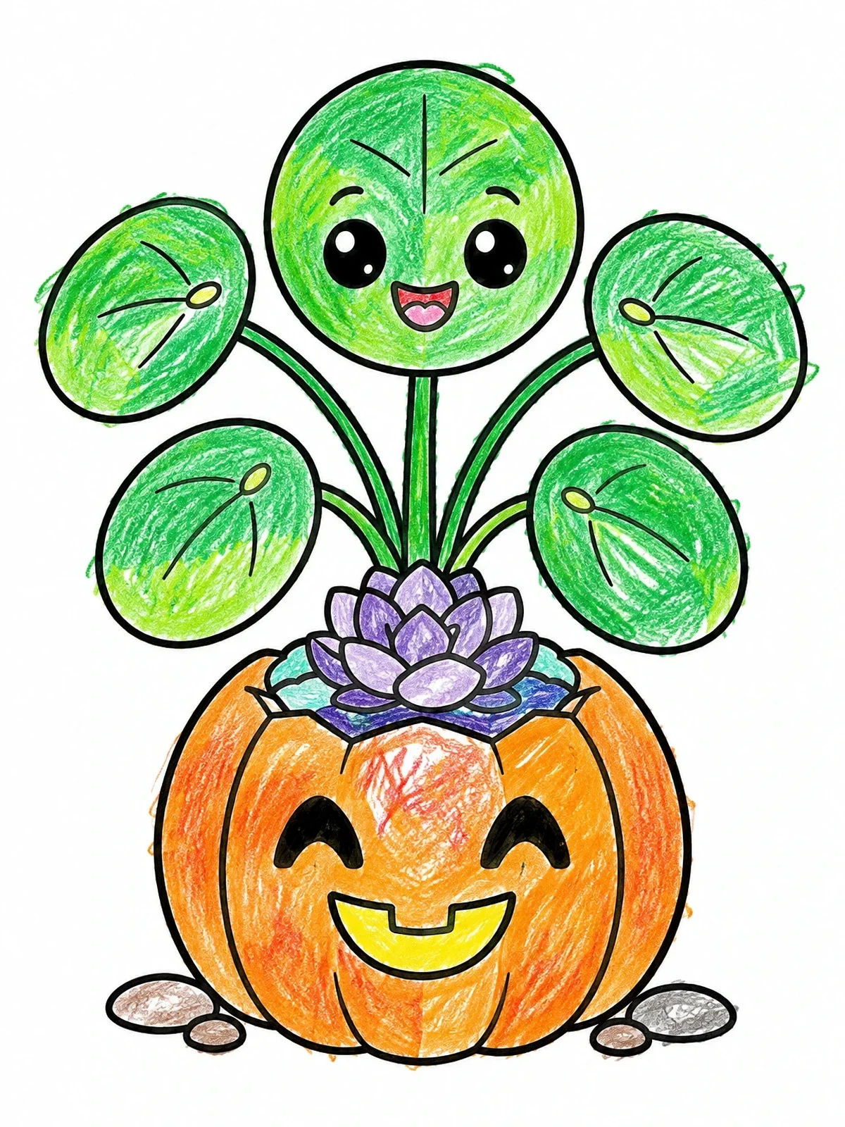 Colored example of the Cute Pilea Plant In Pumpkin Planter coloring page