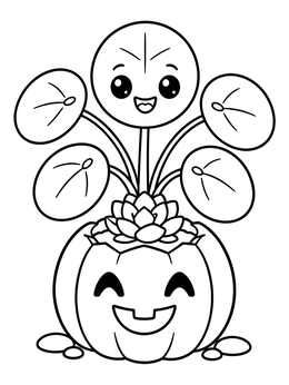 A smiling pilea plant coloring page growing inside a carved pumpkin pot.