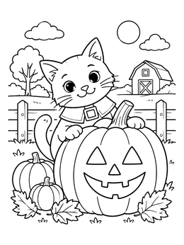 Free printable Pilgrim Cat With Carved Pumpkin coloring page