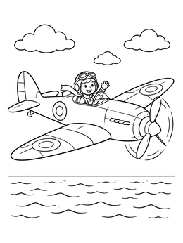A cheerful young pilot waving in an airplane coloring page over the sea.