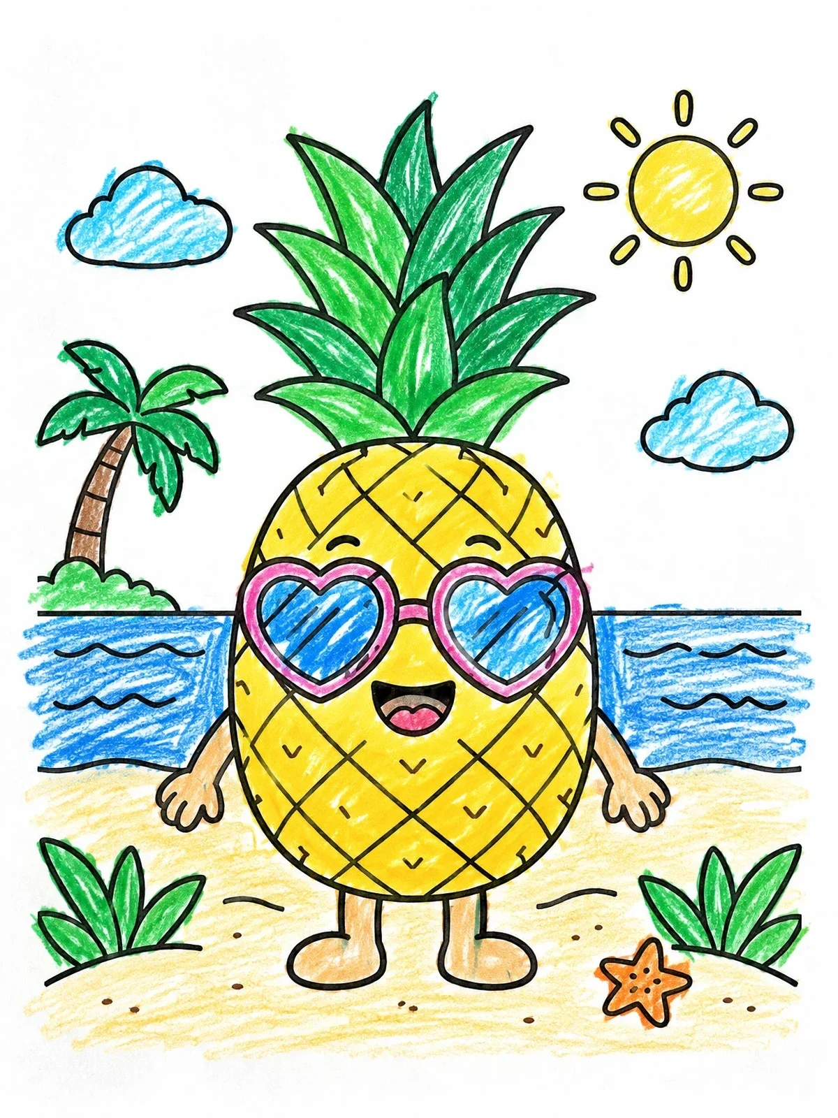 Colored example of the Cute Pineapple With Heart Sunglasses At Beach coloring page
