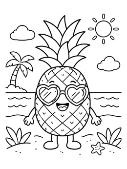 Free printable Cute Pineapple With Heart Sunglasses At Beach coloring page