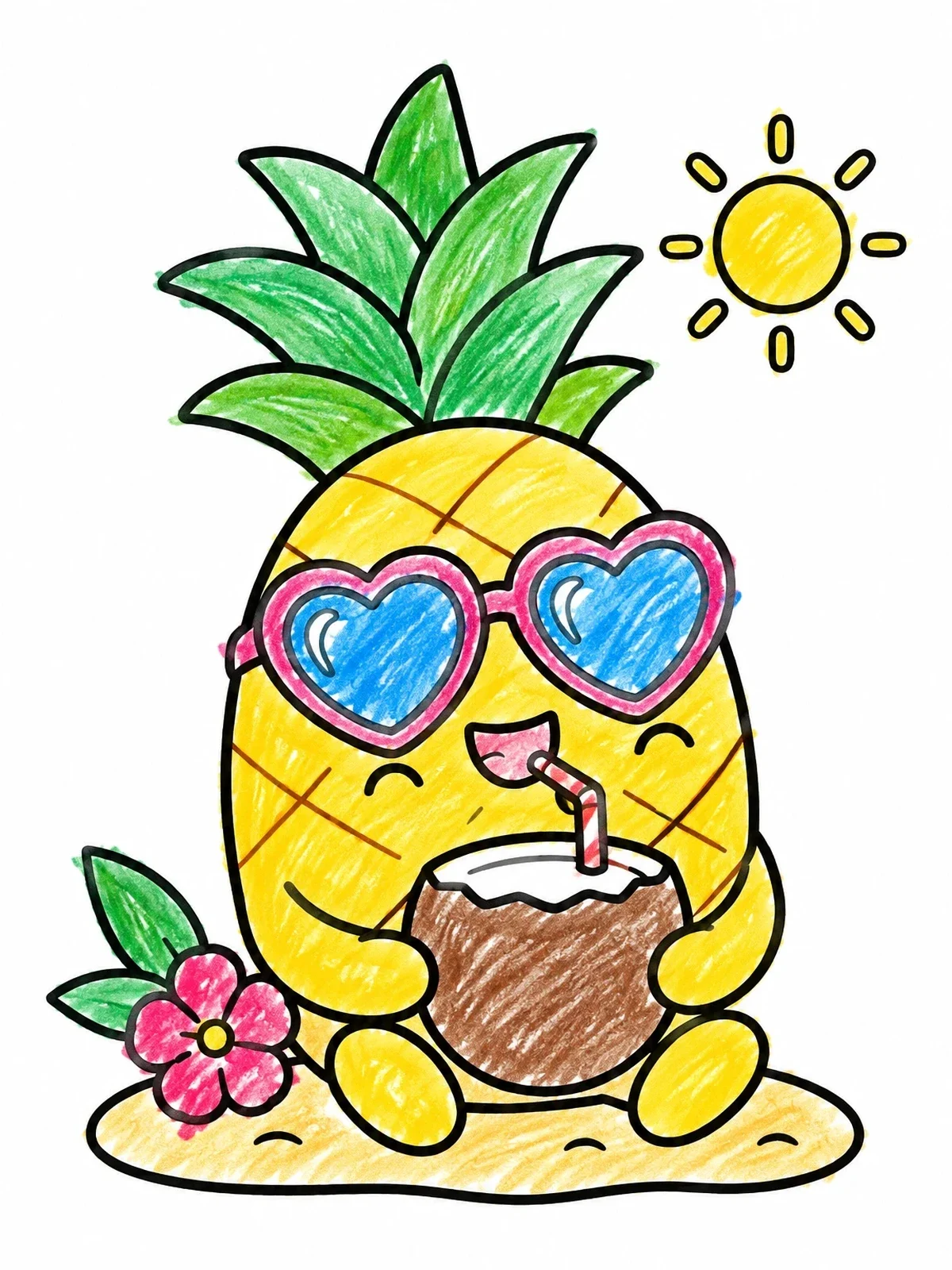Colored example of the Cute Pineapple With Sunglasses Drinking Coconut coloring page