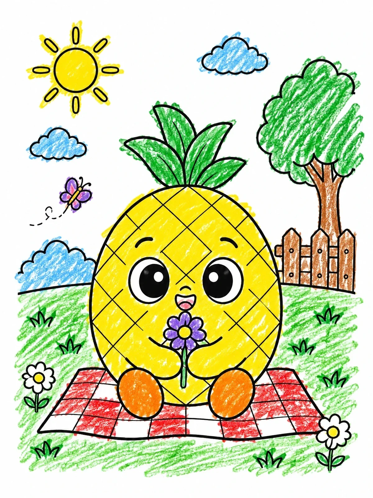 Colored example of the Cute Pineapple On A Picnic coloring page
