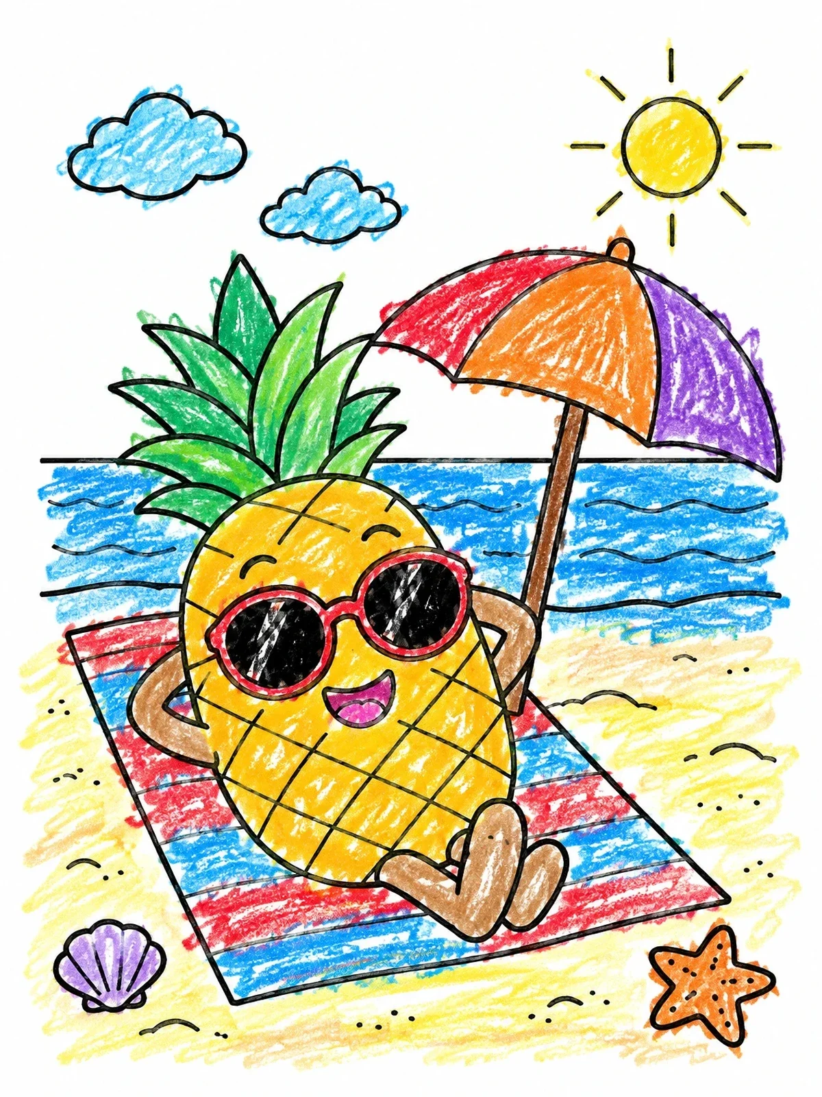 Colored example of the Cute Pineapple Relaxing On The Beach coloring page