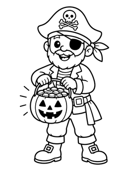 A friendly pirate coloring page showing a captain holding a pumpkin bucket filled with gold coins.