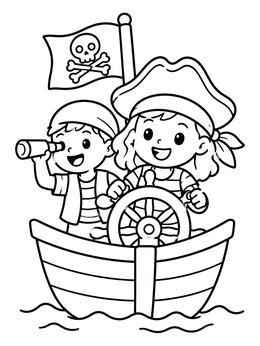 Two happy children navigate a small boat in this cute pirate coloring page.