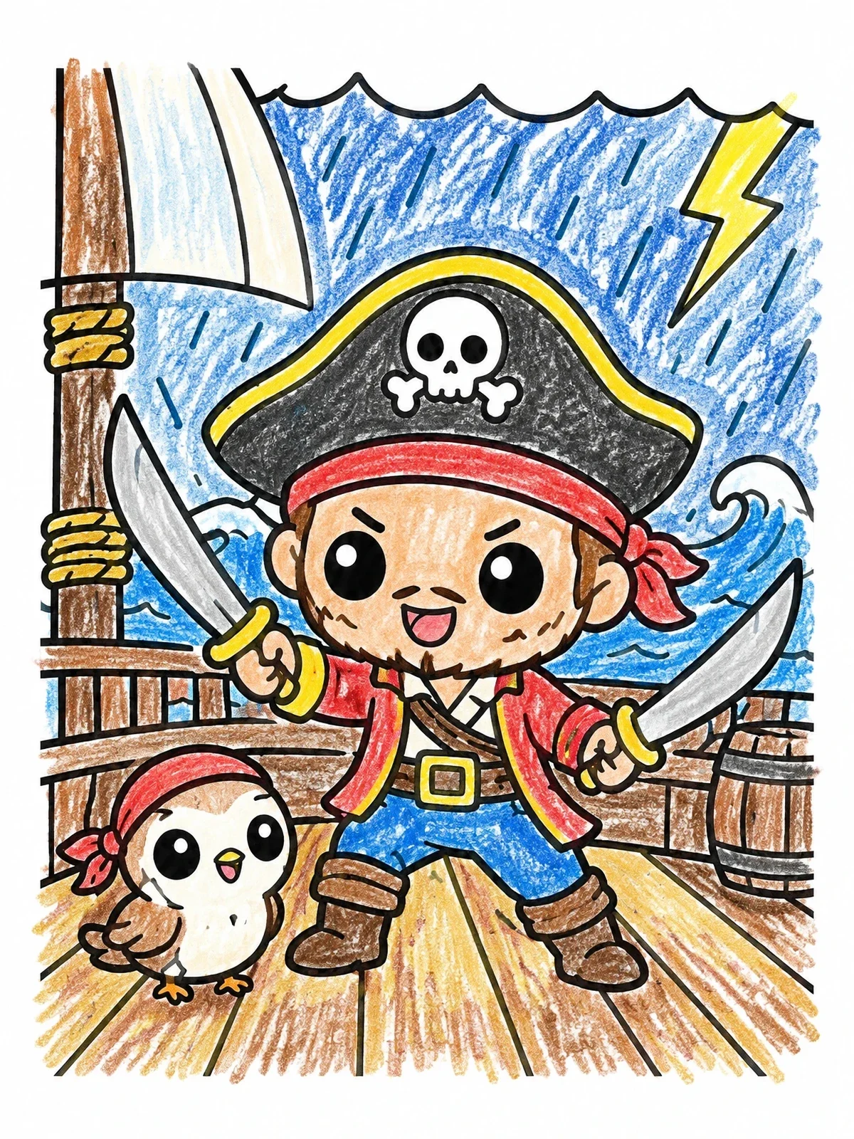 Colored example of the Cute Pirate And Little Sparrow On Ship coloring page
