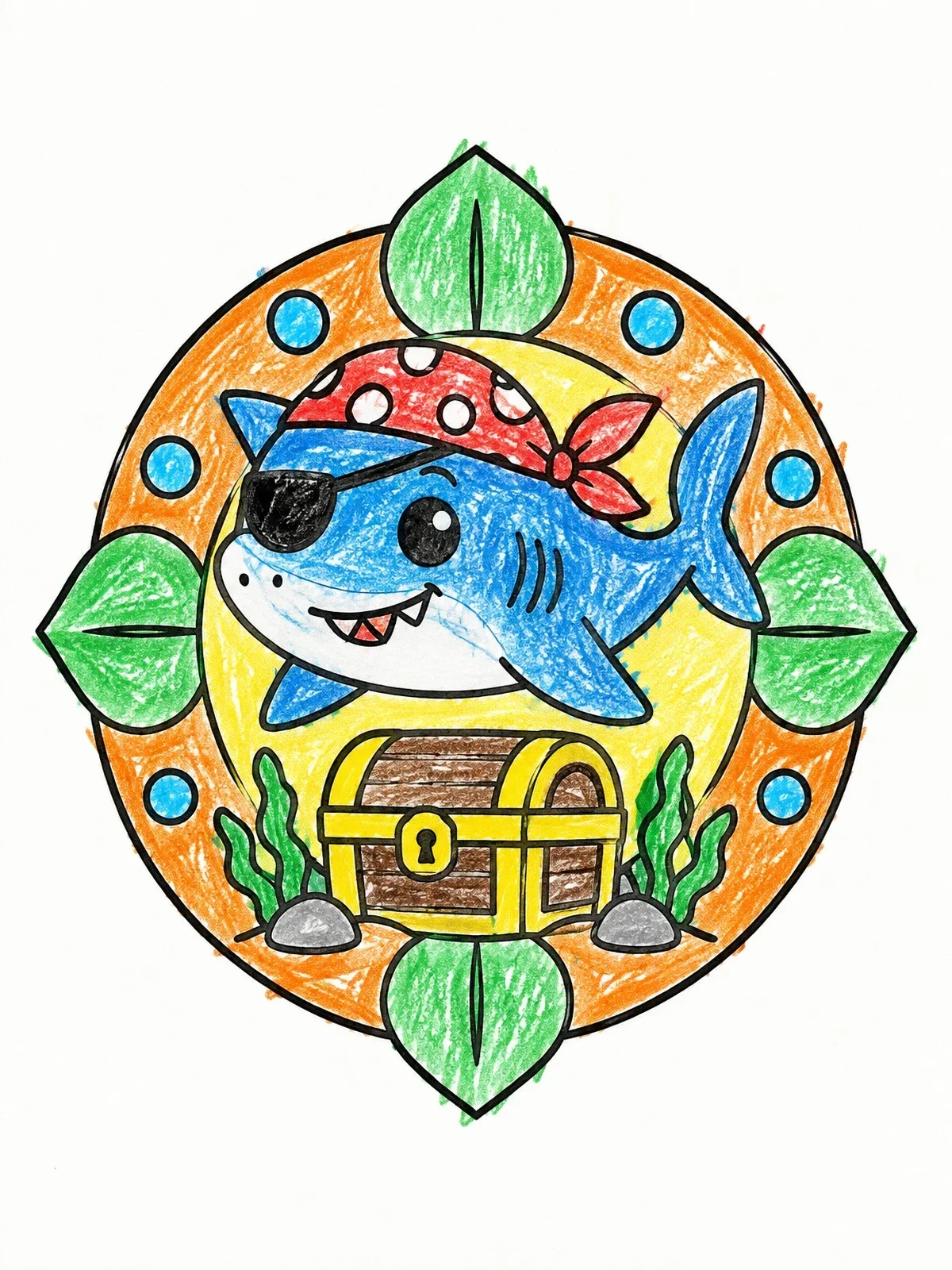 Colored example of the Cute Pirate Shark And Treasure coloring page