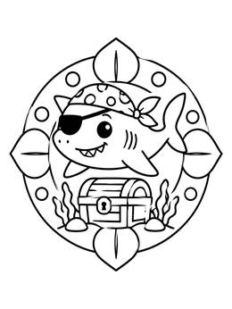 A cartoon pirate shark coloring page floating over a sunken treasure chest inside a frame.