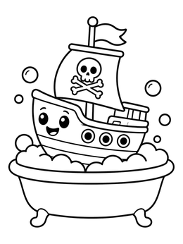A cute pirate ship coloring page featuring a toy boat sailing in a bubbly bathtub.