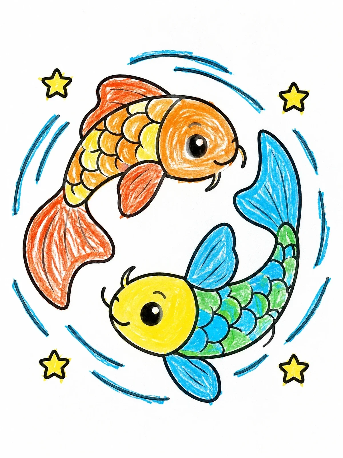 Colored example of the Cute Pisces Zodiac Koi Fish coloring page