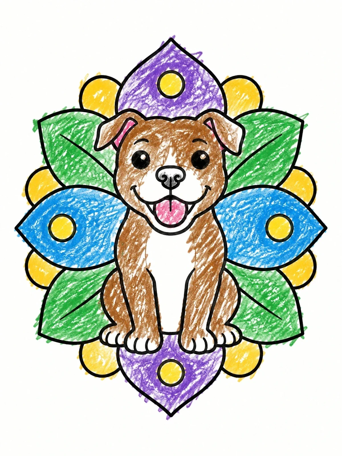 Colored example of the Cute Pitbull Puppy Floral Mandala coloring page